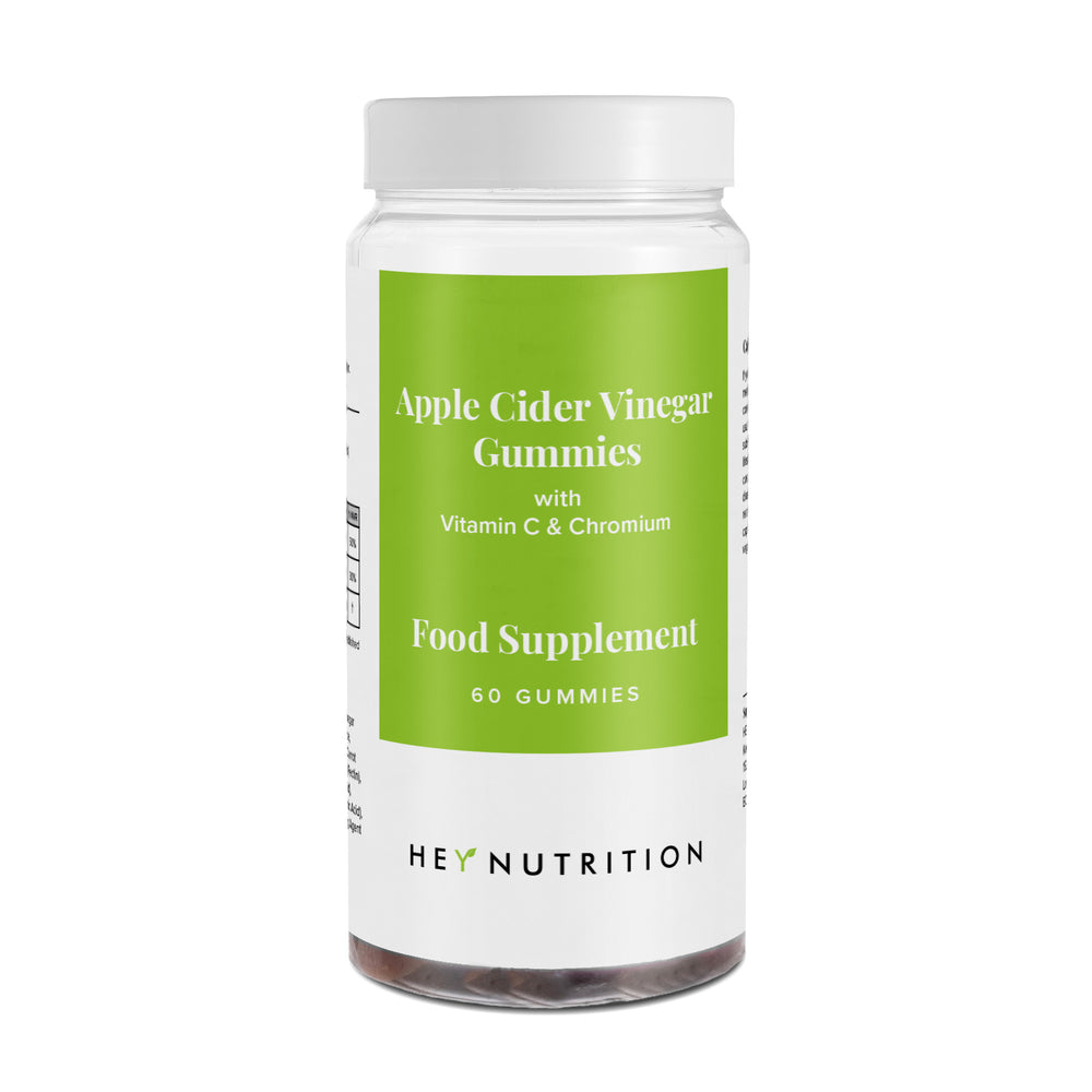 A Hey Nutrition Apple Cider Vinegar Gummies bottle with a green label, shown on a plain white background.