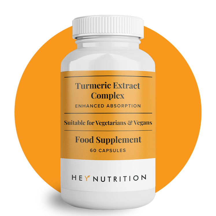 Single bottle of Hey Nutrition Turmeric Extract Complex food supplement with an orange background. Label text: "Turmeric Extract Complex – Enhanced Absorption. Suitable for Vegetarians & Vegans. Food Supplement. 60 Capsules."