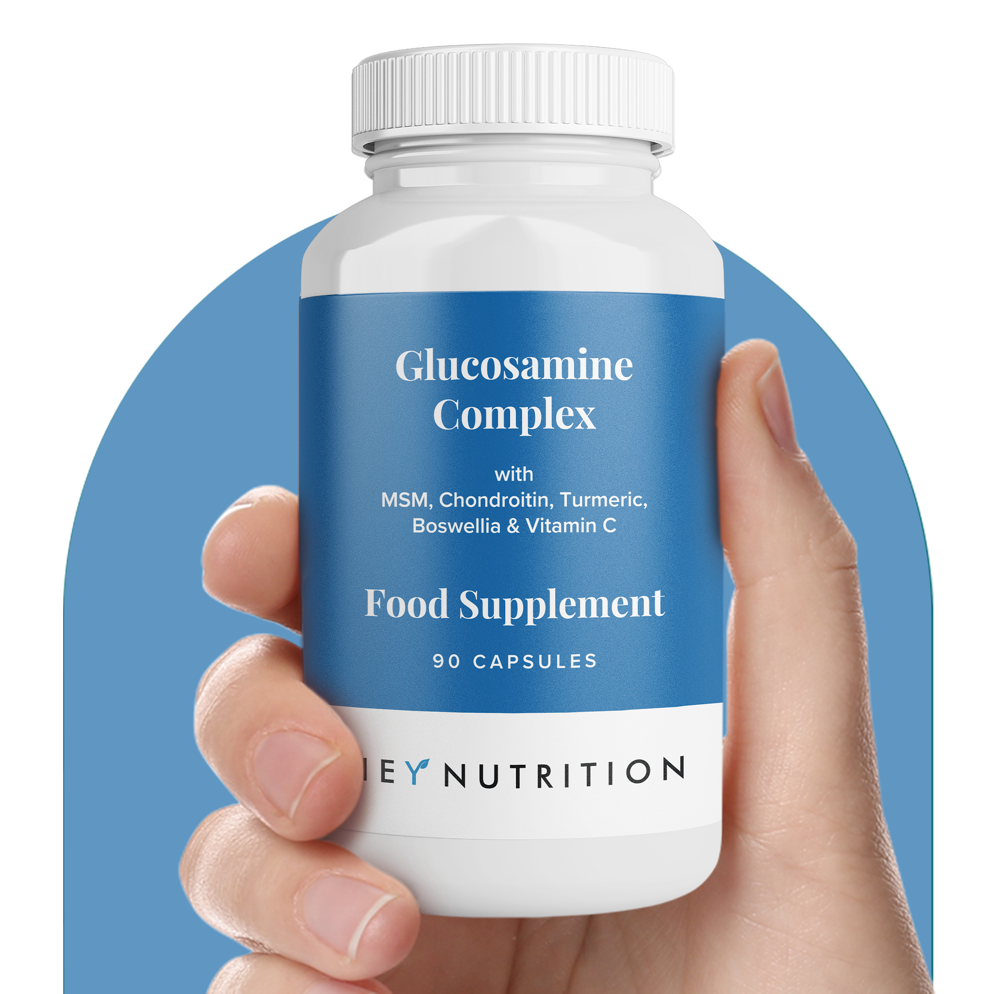A hand holding a bottle of Hey Nutrition’s Glucosamine Complex supplement, displayed against a dark blue background.