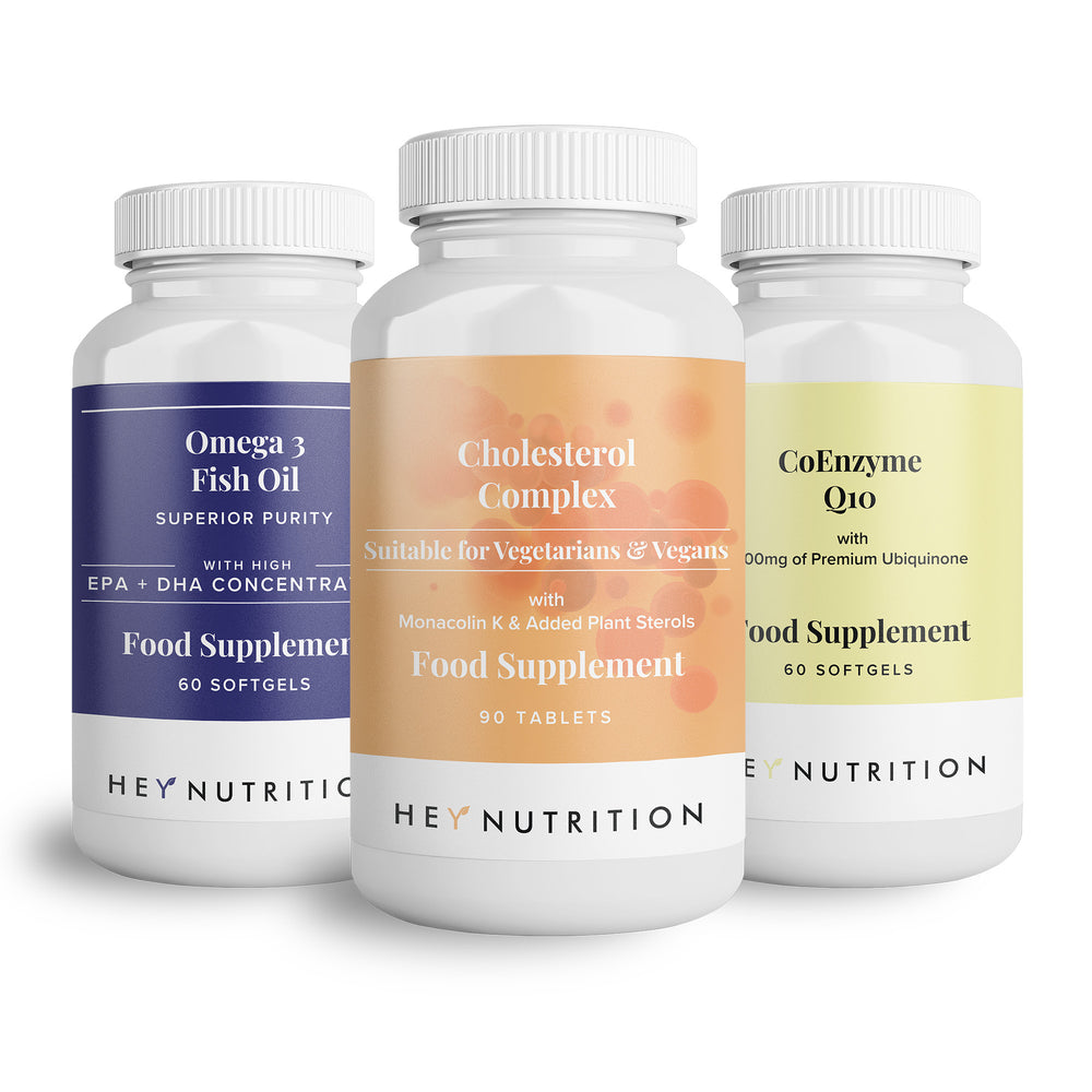 Front-facing display of Hey Nutrition’s Omega 3 Fish Oil, CoEnzyme Q10, and Cholesterol Complex supplements, presented on a clean white background to emphasize clarity and trust.