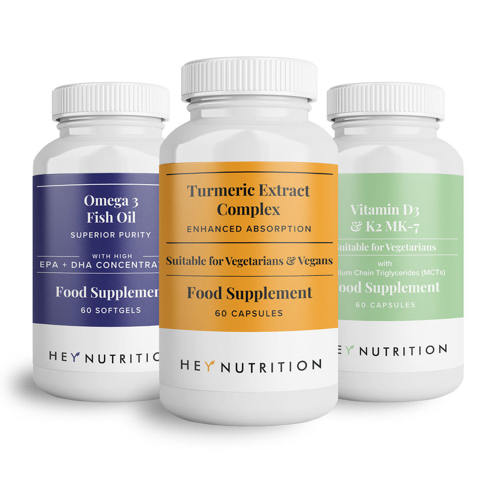 Clean white background featuring Hey Nutrition’s Omega 3 Fish Oil, Turmeric Extract Complex, and Vitamin D3 & K2 MK-7 bottles arranged neatly side by side for product comparison.