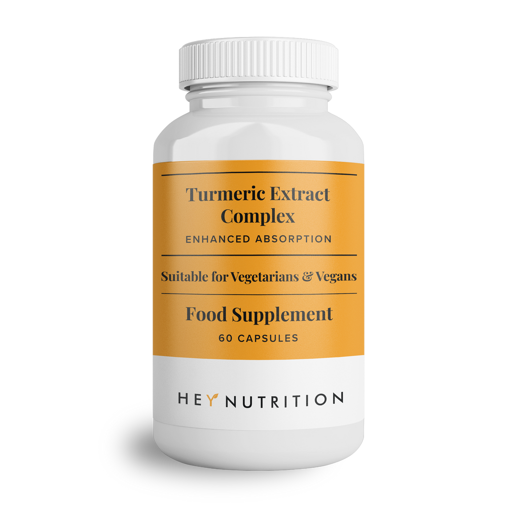 Single product shot of Hey Nutrition Turmeric Extract Complex bottle on white background. Label text: "Turmeric Extract Complex – Enhanced Absorption. Suitable for Vegetarians & Vegans. Food Supplement. 60 Capsules."