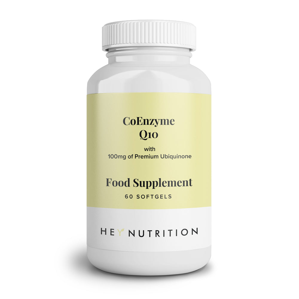 A clean product image of Hey Nutrition CoEnzyme Q10 Food Supplement, showing a white bottle with a pale yellow label that contains 60 softgels with 100mg premium ubiquinone.