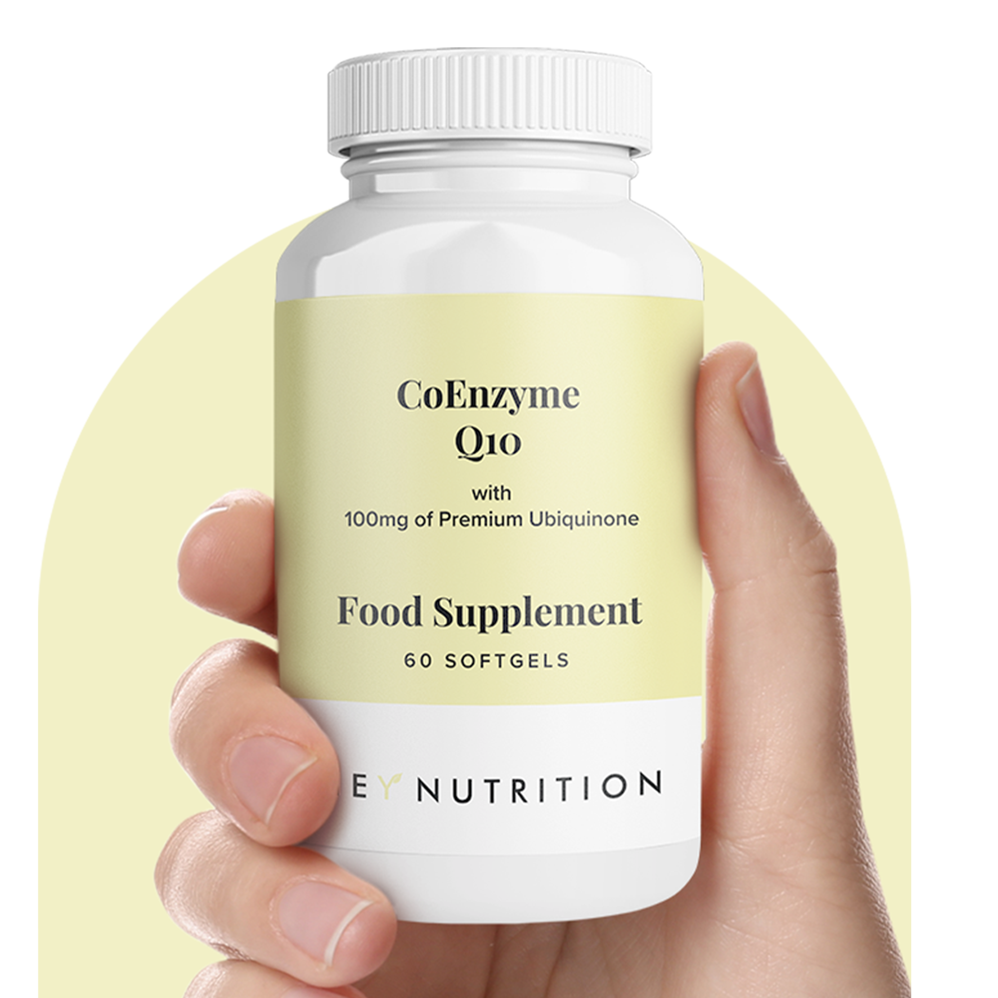 A close-up of a hand holding a Hey Nutrition CoEnzyme Q10 Food Supplement bottle with a pale yellow label, designed to emphasize ubiquinone for cellular energy and heart health.