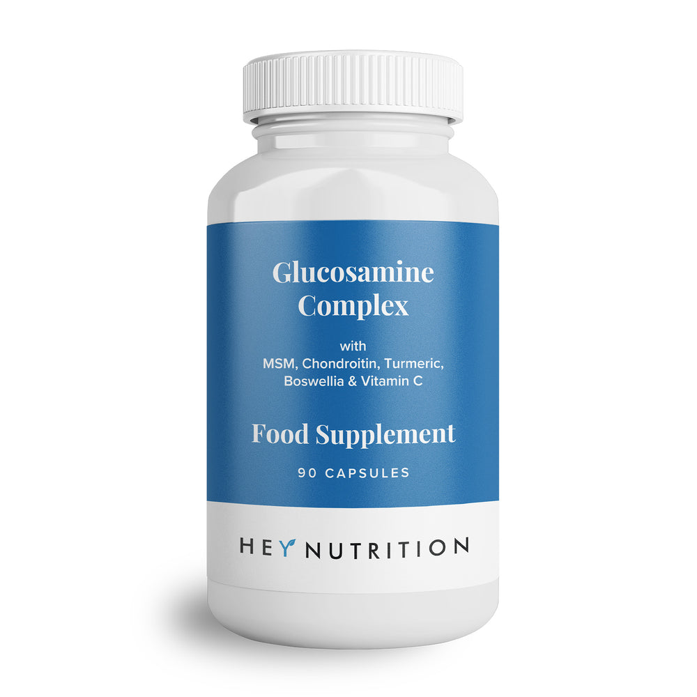 A clear product image of Hey Nutrition’s Glucosamine Complex supplement bottle on a white background, showing the label and details clearly.