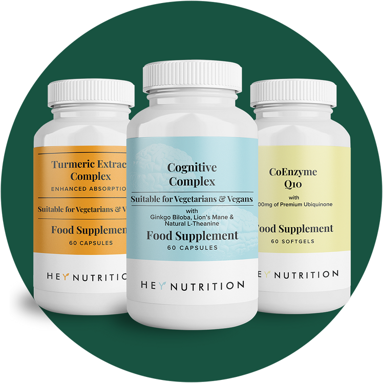 Three Hey Nutrition supplement bottles—Turmeric Extract Complex, Cognitive Complex, and CoEnzyme Q10—arranged in a row on a dark green circular background.