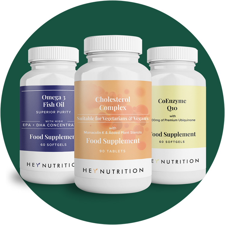 Three Hey Nutrition supplement bottles—Omega 3 Fish Oil, Cholesterol Complex, and CoEnzyme Q10—displayed against a green background, highlighting heart health support.