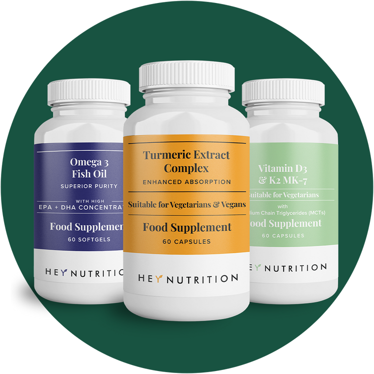 Three Hey Nutrition supplement bottles — Omega 3 Fish Oil, Turmeric Extract Complex, and Vitamin D3 & K2 MK-7 — displayed together on a green circular background to highlight product variety.